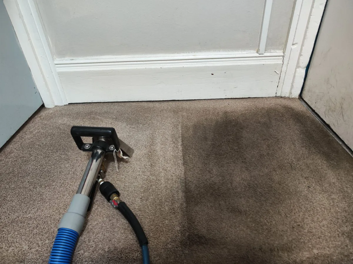 Extraction wand on a hallway carpet mid clean, soiled and cleaned areas side by side